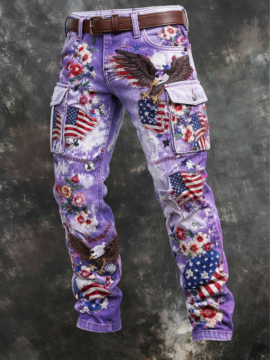 Men's Retro USA Flag Print Casual Workwear Trousers